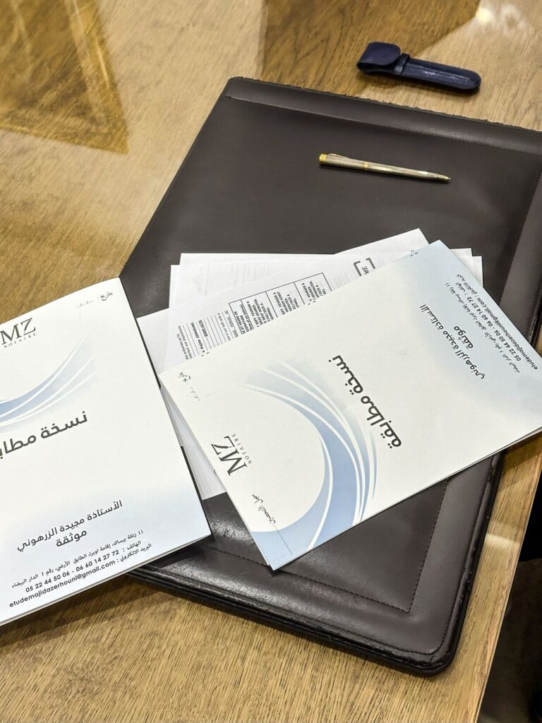 Actes notariés posés sur un porte-documents en cuir
